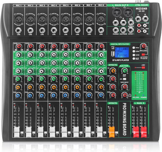 8 Channel Audio Mixer, Professional DJ Mixer Board Sound Music Mixing Console Digital Mixer with Reverb, Bluetooth, USB Port, 48V Phantom Power for Recording Karaoke Podcasting