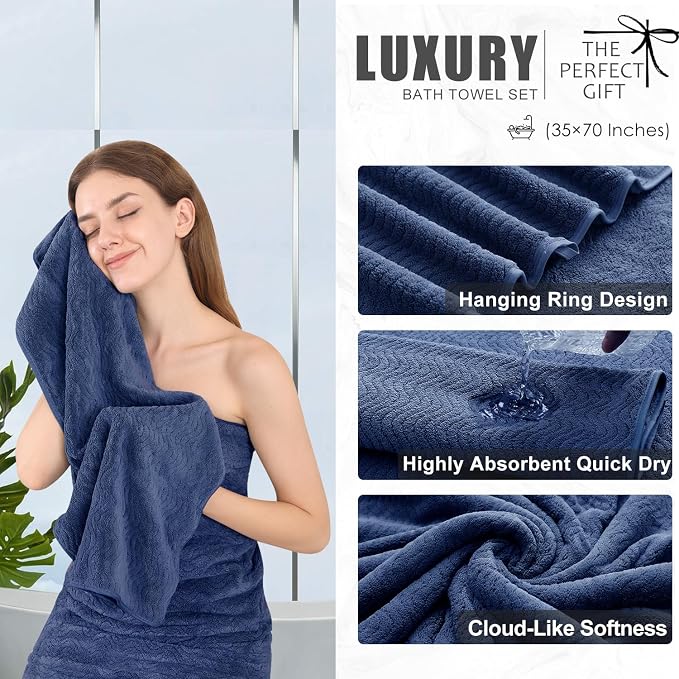 4 Piece Extra Large Bath Towel 35"x70" Oversized Bath Sheet Navy Blue Bath - Image 3