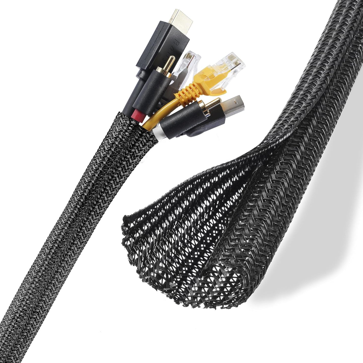 Cable Management Sleeves 1.5in - 2 Pack 4.1ft Split Braided Cable Sleeve Black, Wire Organizers for Cords, Hard PE Cord Protectors from Pets, Flexible Cord Wrap Wire Sleeve for Computer Cord Organizer