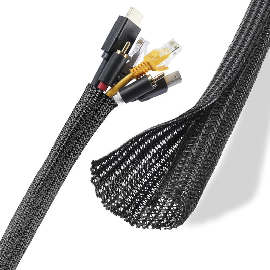 Cable Management Sleeves 1in - 2 Pack 6.6ft Split Braided Sleeve Black, Protectors From Pets, Wire Organizers, Flexible Wrap for Computer Cord Management