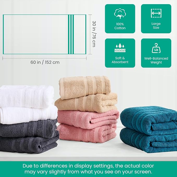 Bath Towels 4 Pack, 30 x 60 Inches, Large 100% Cotton Towels, Comfortable - Image 6