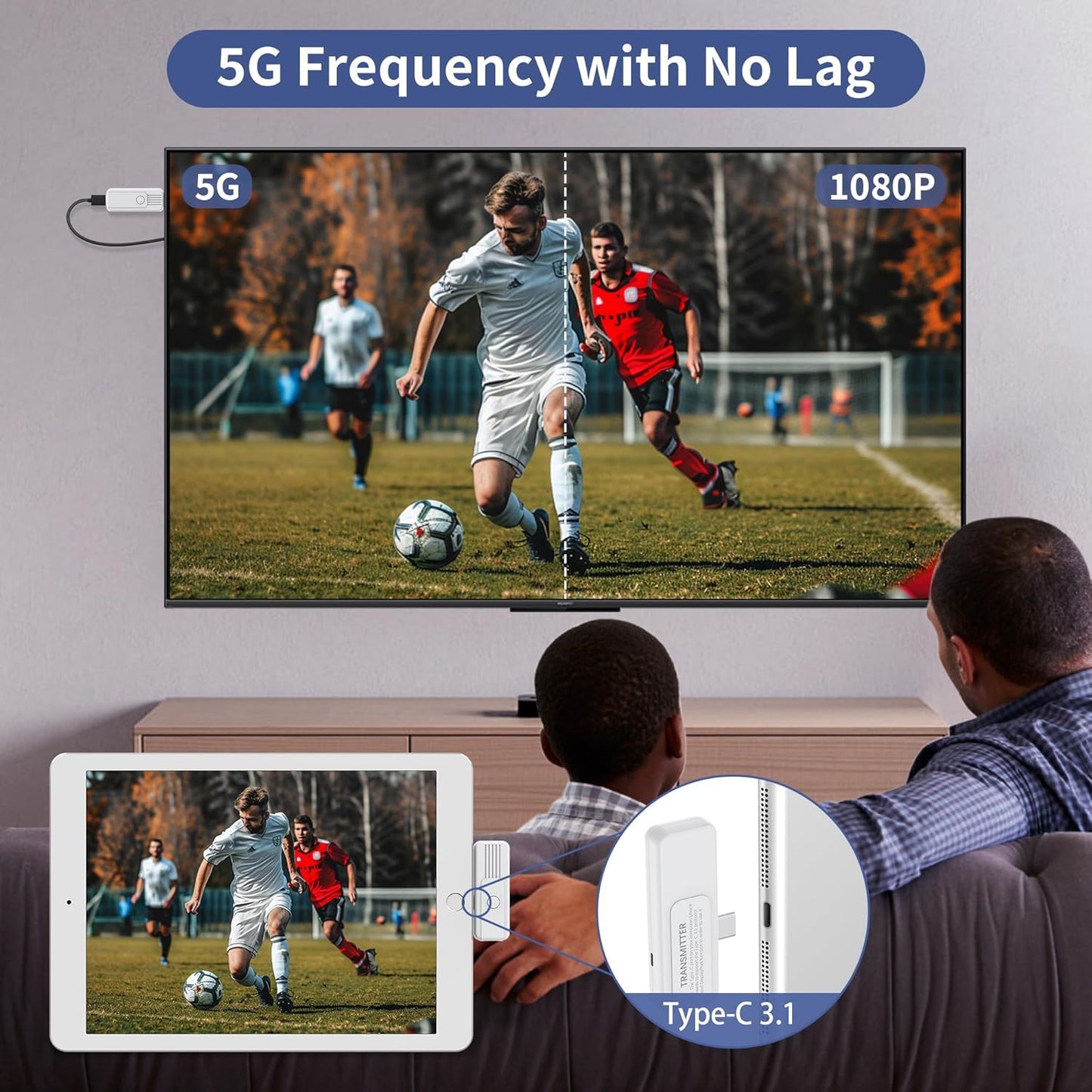 Wireless HDMI Transmitter and Receiver, Upgrade Type-C 3.1 Port Wireless Hdmi Plug & Play Portable 2.4G/5G for Streaming Video and Audio to HDTV/Projector/Monitor from Martphone/Tablet/Laptop