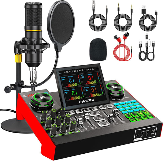 Podcast Microphone Bundle with Live Sound Card Audio Mixer, Podcast Equipment Bundle with 3.5mm Condenser Microphone for Pc/Phone Live Streaming Singing Gaming, Sound Board with Voice Changer, Denoise