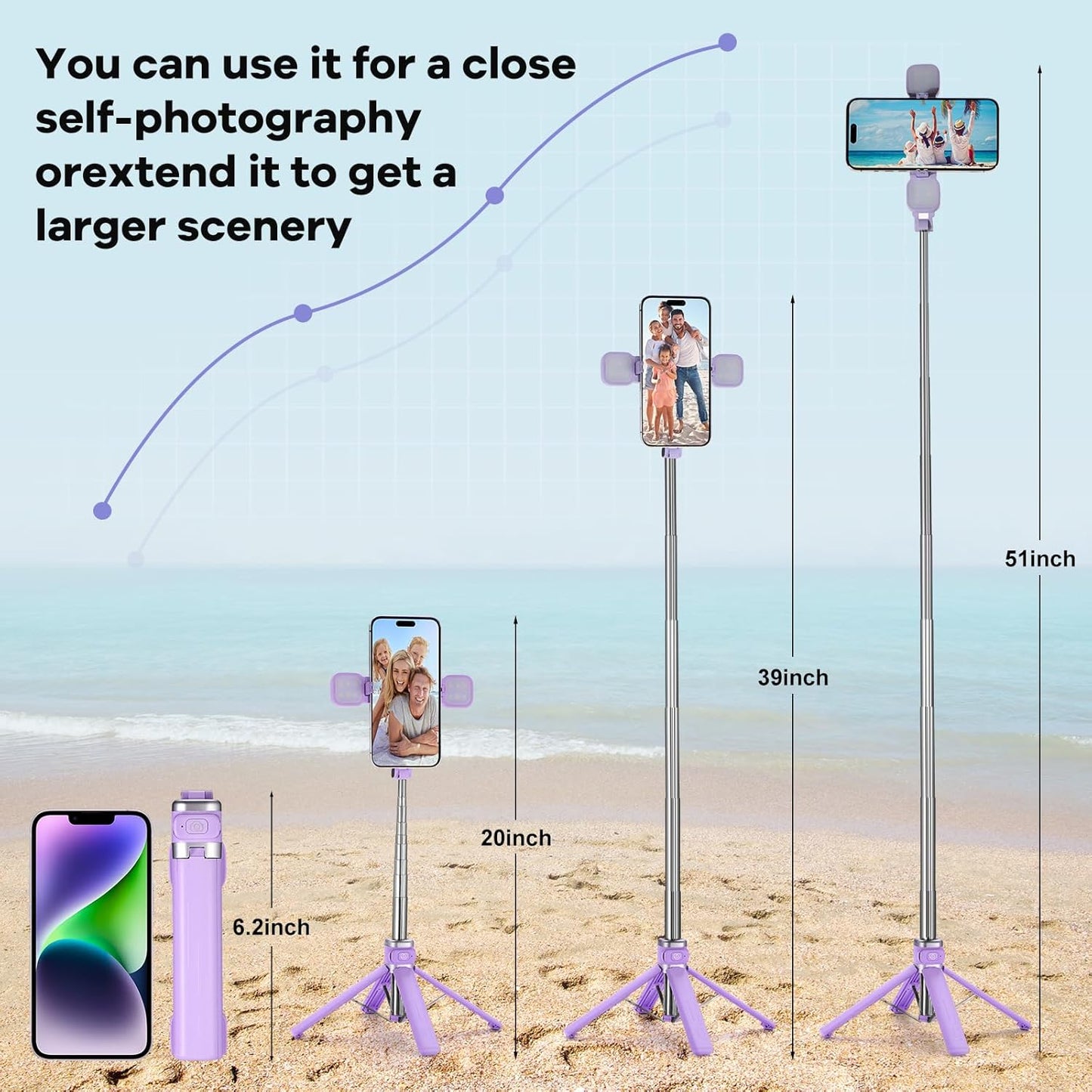 MQOUNY Mini iPhone Tripod Stand & Selfie Stick with Wireless Remote & Removable Light, Extendable Stand 360 Rotation Compatible with iPhone & Android Samsung (Purple)
