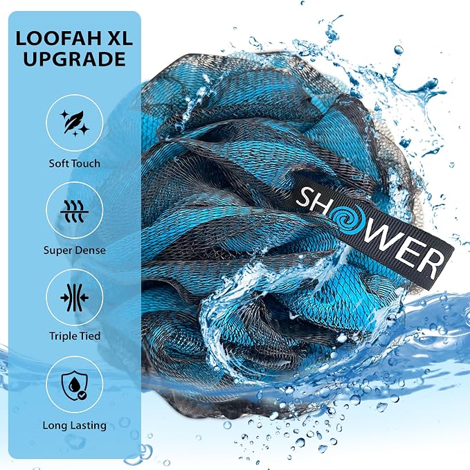 SHOWER BOUQUET Loofah-Charcoal Bath-Sponge XL-4-Pack-Blue-Green // Extra Large - Image 3