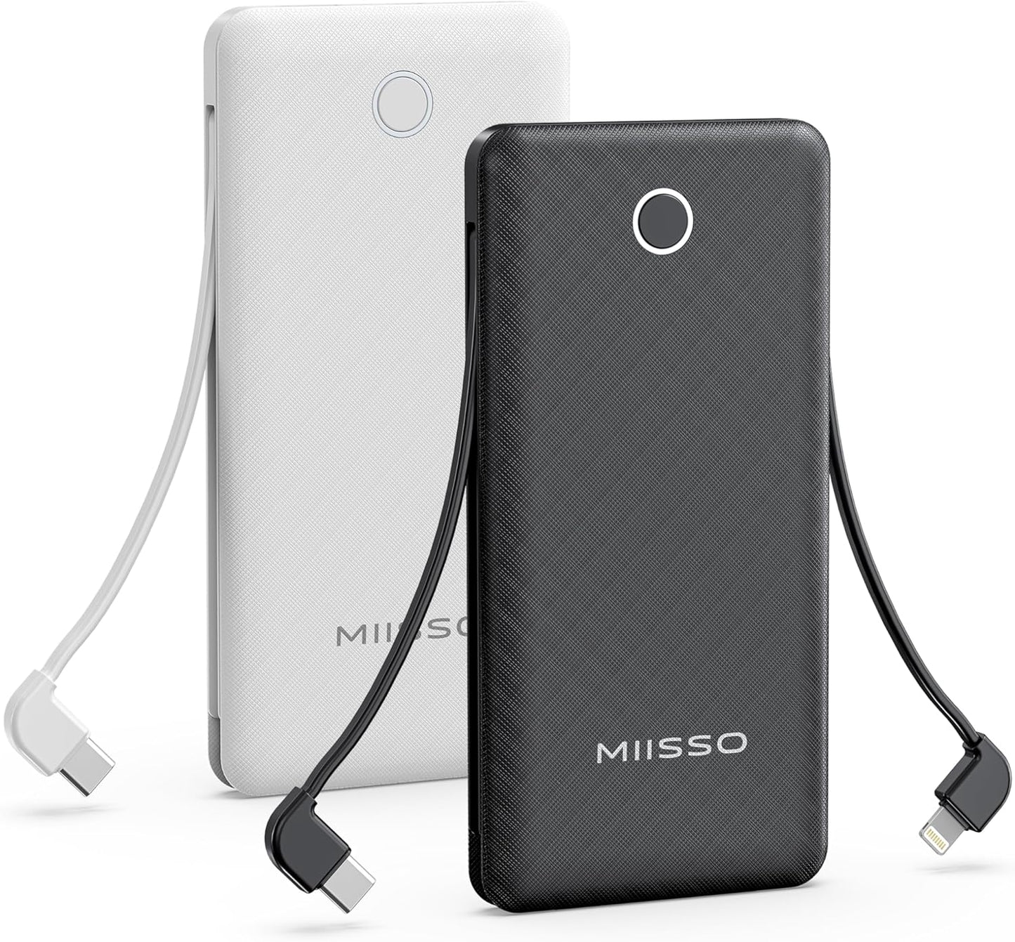 10000mAh Slim Portable Charger with Built in Cable, Power Bank Travel Charger External Battery Pack for Phone, 4 Output USB Type C Cord Clutch Charger Compatible with iPhone, 2 Pack Black & White