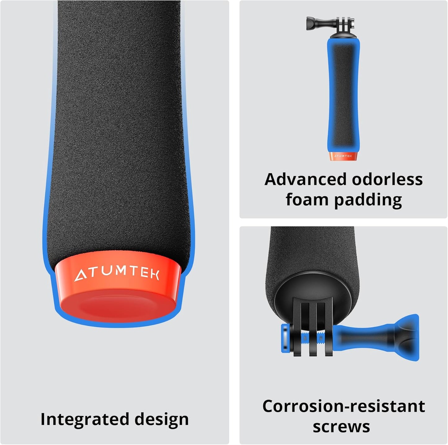 ATUMTEK Floating Hand Grip for GoPro, Waterproof Handle Mount Underwater Hand Stick Monopod Pole Compatible with GoPro Hero 13 12, 11, 10, 9, 8, 7, 6, DJI Osmo, AKASO, SJCAM Action Camera, Orange