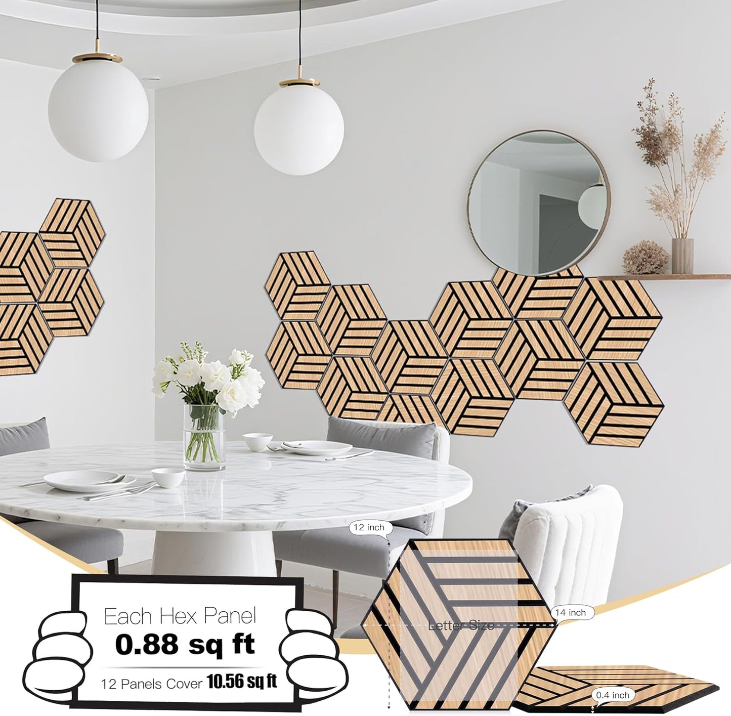 Mollywell Hexagon Acoustic Panels, Natural Oak TH4, 14x12x0.4 Inch, 12 Pack |Wood Veneer|High Density Sound Proofing Wall Panels|Self Adhesive Sound Dampening Felt Wall Tiles|Home Theater|Gaming Room|