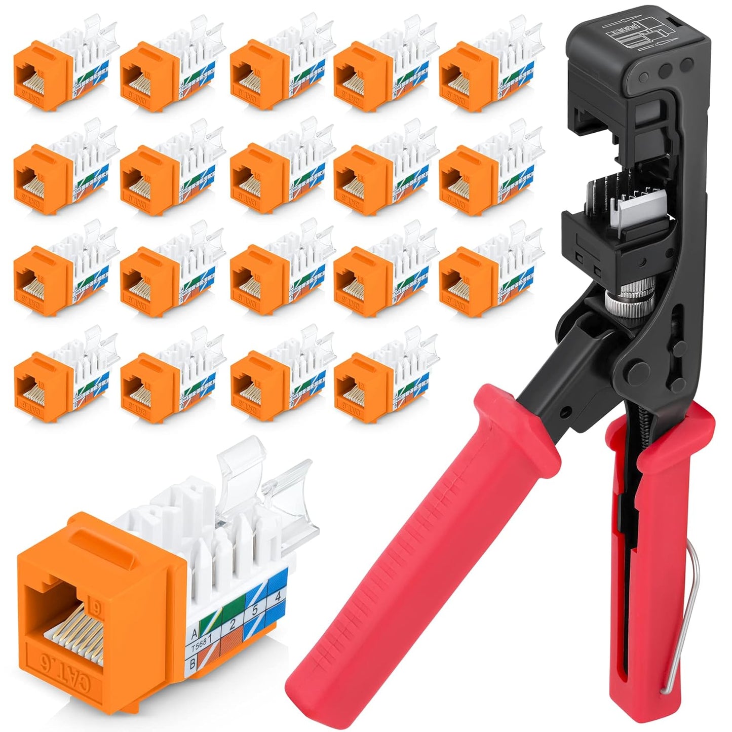 Everest easyJACK - 45° Angled Speed Termination Keystone Tool Set - with 20-Pack of RJ45 Cat6 Keystone Jacks in Orange (Slim Profile Design) - Time Saver Network Punch Down Tool Cat6