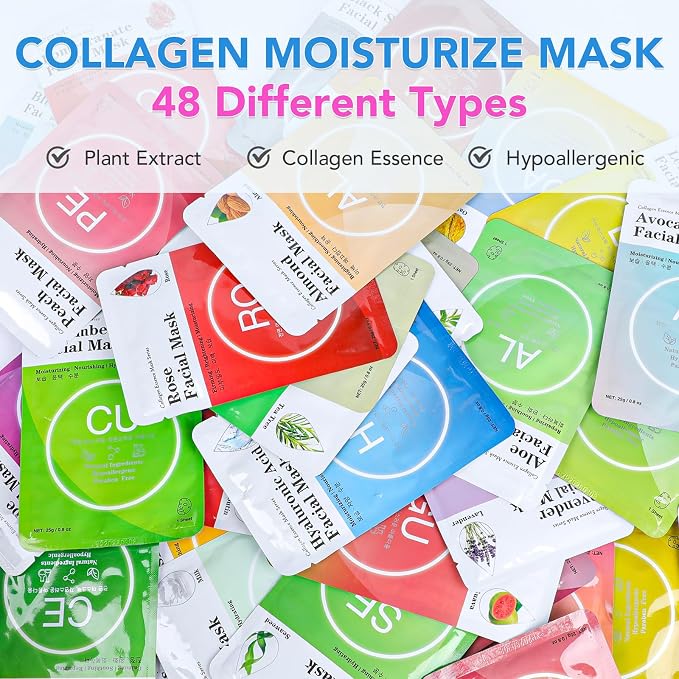 48 Packs Collagen Essence Sheet Facial Masks, Plant Extract and Sodium - Image 2