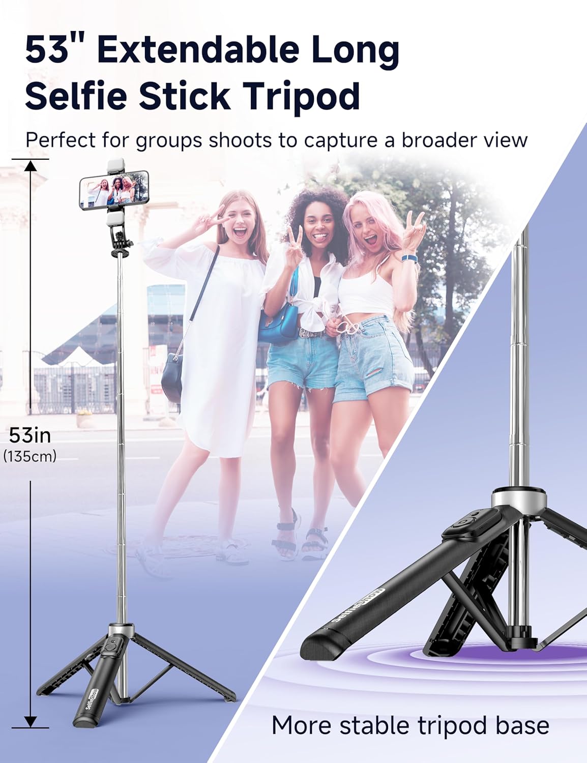 53'' Selfie Stick Tripod with Light, Extendable Selfie Stick with Remote, Portable Cell Phone Tripod Stand with All in 1 Phone Clip, Lightweight Camera Tripod Compatible with iPhone 15 14 13, Android