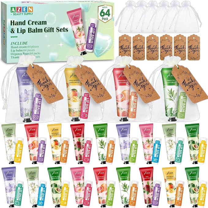 AZEN 64 Sets Bulk Gifts, Hand Cream and Lip Balm Bulk Set by AZEN
