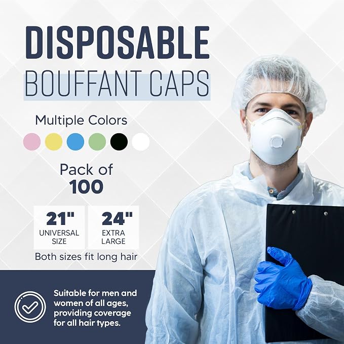 Medical Nation 21" Disposable Bouffant Caps | Pack of 100, Non-Pleated Head - Image 3