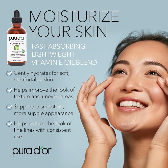 PURA D'OR 4 Oz Organic Vitamin E Oil 70, 000 IU, USDA Certified Face, Hair & - Image 2