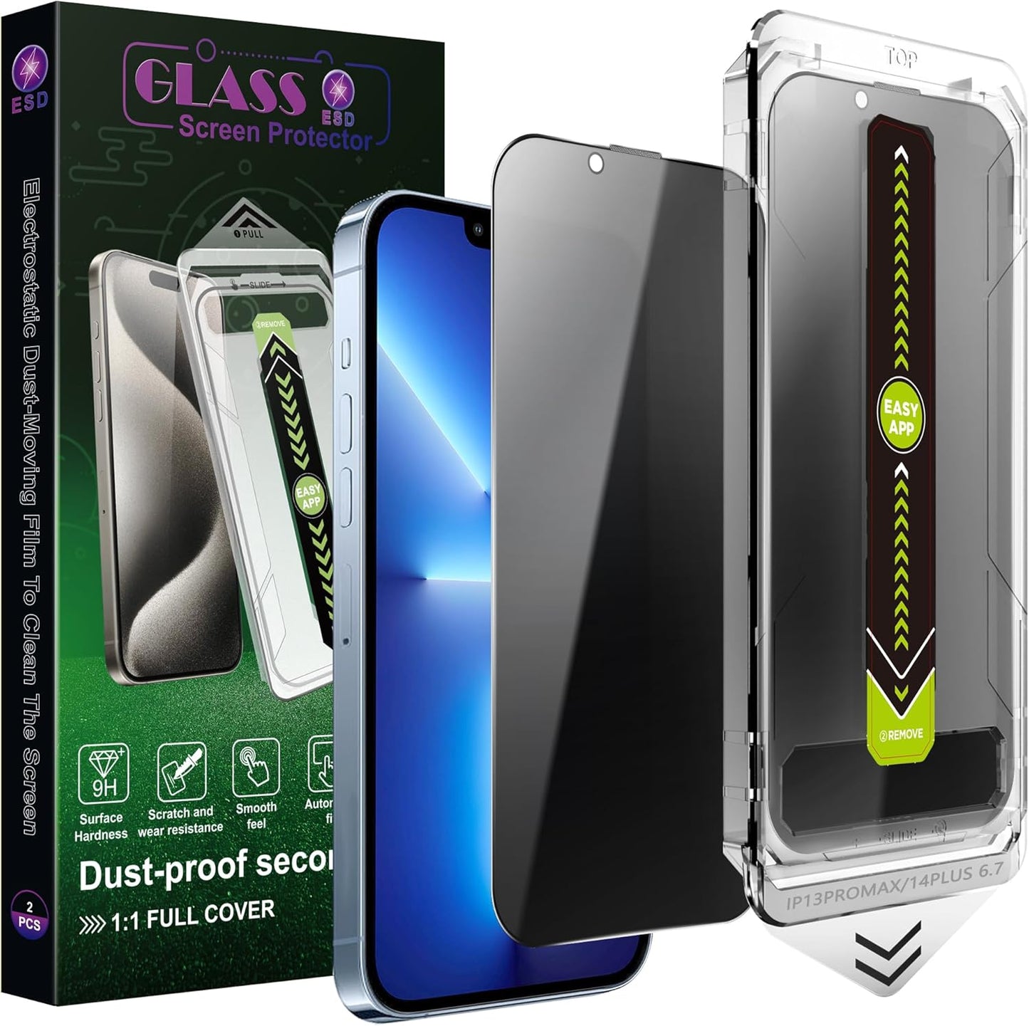 (2-Pack Anti-Spy Privacy Screen Protector for iPhone 13 Pro Max/14 Plus(6.7-Inch),9H Tempered Glass,Full Coverage,Anti-Fingerprint,Auto Dust Removal,Bubble-Free,Easy Installation
