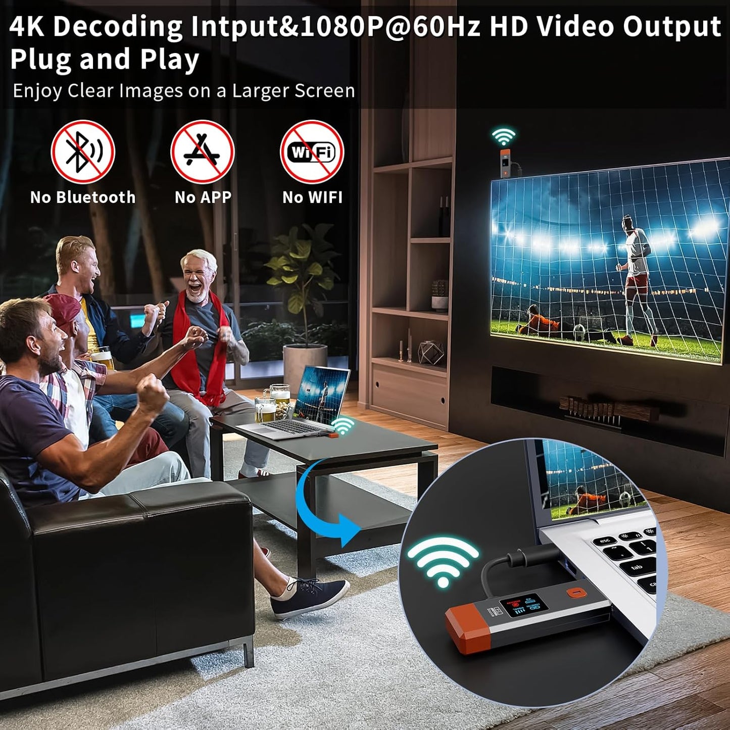 Wireless HDMI Transmitter and Receiver 165ft/50m 4K Decode Input 1080P Output Plug&Play Portable 2.4G/5.8G for Video and Audio to Monitor from PC/Projector/TV Box,with LED Display