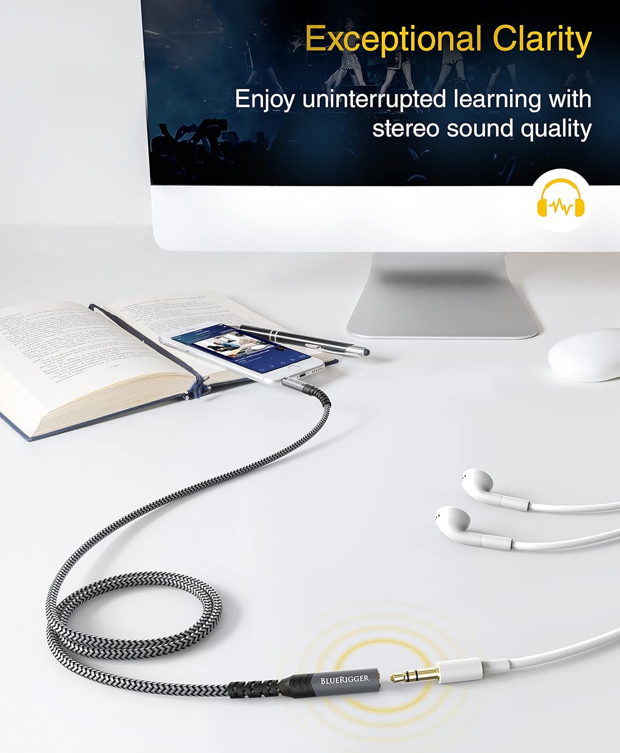 BlueRigger Headphone Extension Cable (10FT, 24K Gold Plated Jack, Hi-Fi Sound, 3.5mm Male to Female Stereo Audio Cable) – Aux Cord for iPod, Laptops, Smartphones, Speakers, Tablets, Home Car Stereo