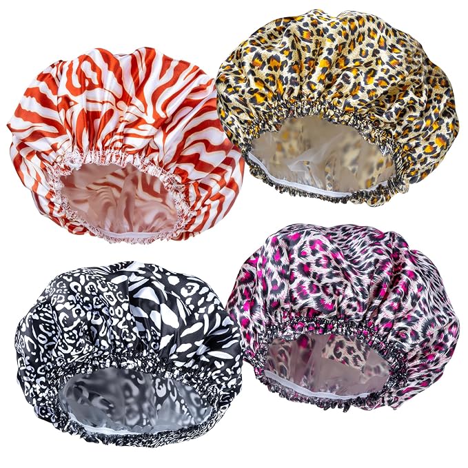 4 PCS Shower Caps for Women, Elastic and Reusable Bath Caps, Double Waterproof by CHFONGDIRECT
