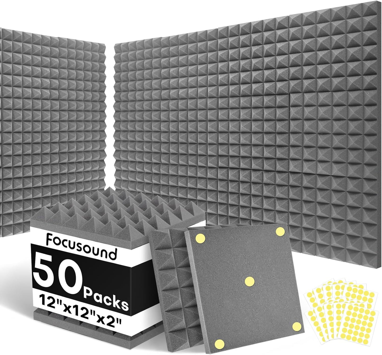 Focusound Grey Acoustic Panels 50 Pack 2"x12"x12" with 300 PCS Double-Side Adhesive - Sound Proof Pyramid Foam for Walls, Home Studio Noise Absorption & Echo Control Kit