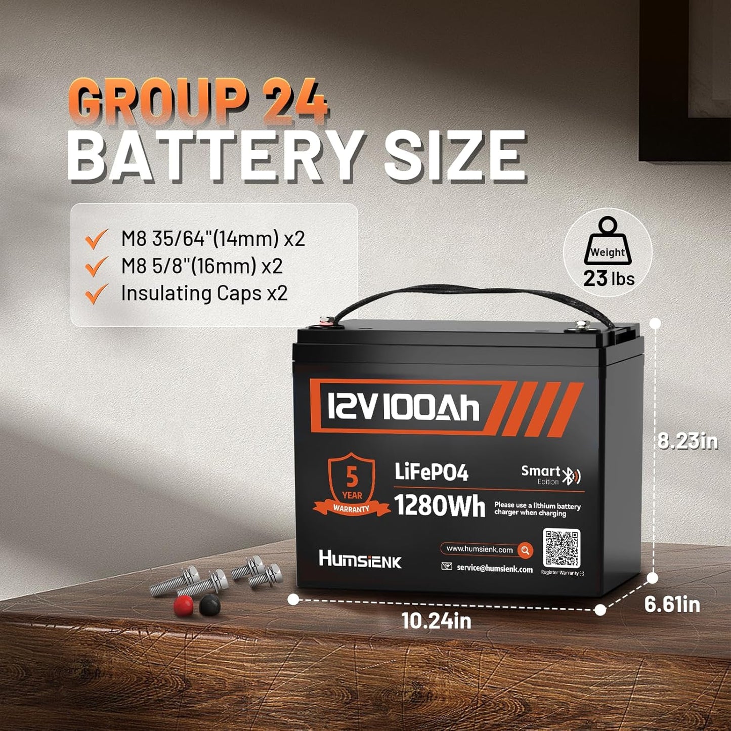 12V 100Ah LiFePO4 Lithium Battery Bluetooth - BCI Group 24 Deep Cycle Battery, Built-in 100A BMS & Low-Temp Protection, 15000+ Cycles, for RV/Marine/Trolling Motor/Off-Grid/Home Backup