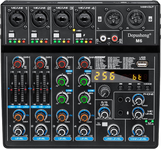 Depusheng M6 Portable Mini Mixer 6-Channel Audio Mixer DJ Console with Sound Card, Bluetooth Function, USB, 48V Phantom Power for PC Recording Webcast Party with 256 DSP