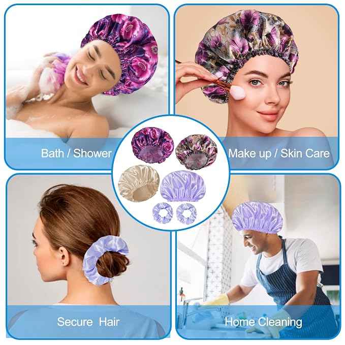 Shower Cap for Women Set of 4, Bath Caps, Double Layers Hair Caps + 4 Satin - Image 2