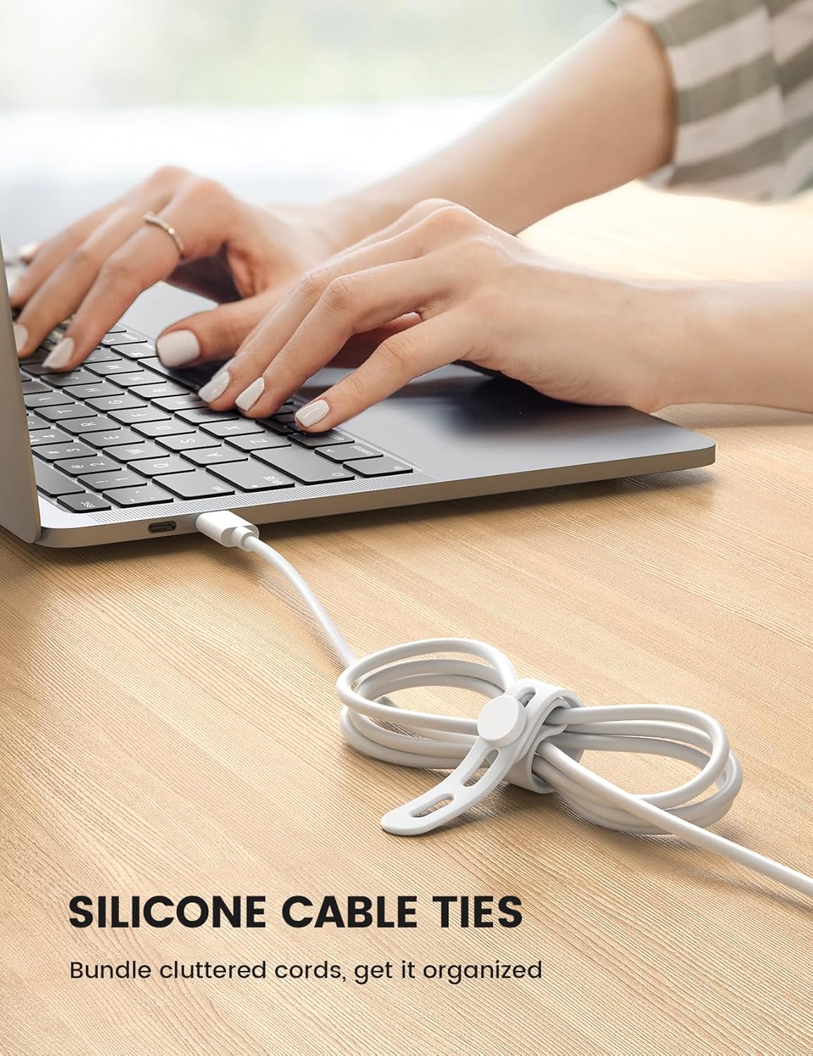 10Pack Silicone Cable Ties Cord Organizer - Lamicall Elastic Wire Ties Management, Travel Must Haves, Halloween Desk Home Office Workspace Accessories, Dorm Room Essentials, White Cable Keeper