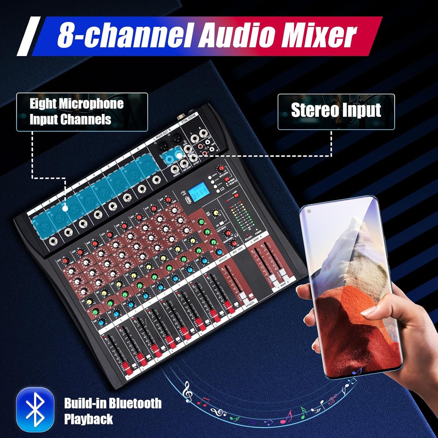 8 Channel Audio Mixer, Bluetooth Studio Mixer Audio DJ Sound Board Controller with USB, Sound Mixer Console Mixing Board for Professional and Beginners (8 Channel)