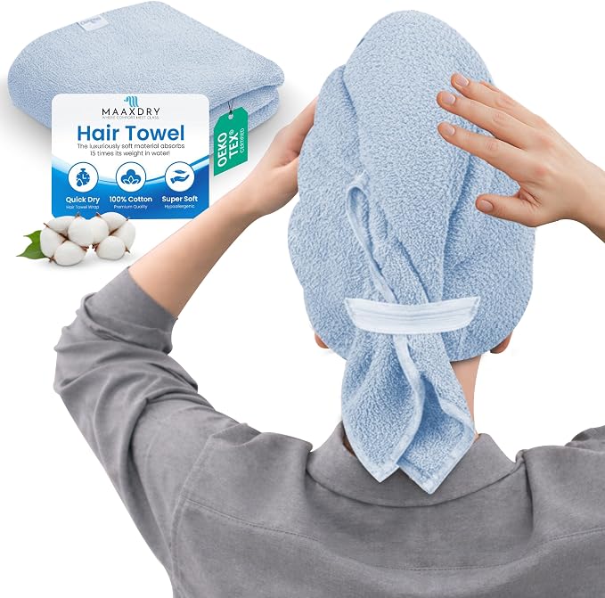 100% Cotton Hair Towel Wrap for Women, Men & Kids – Non-Microfiber 450 GSM by MAAXDRY