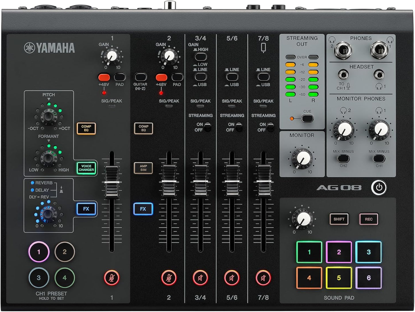 Yamaha AG08 Black 8-Channel Live Streaming Loopback Mixer/USB Interface with Steinberg Software Suite
