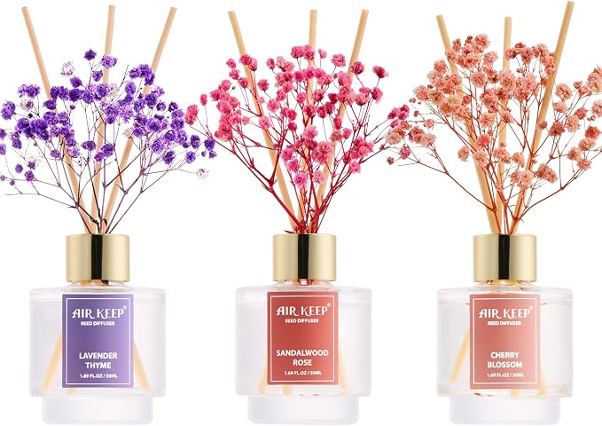 Airkeep Reed Diffuser Set of 3, Lavender Thyme Sandalwood Rose Cherry Blossom by Airkeep