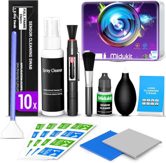Updated Camera Lens and Sensor Cleaning Kit for Full Frame DSLR - 10x Swabs, Cleaner, and Essentials for Canon, Nikon, Sony