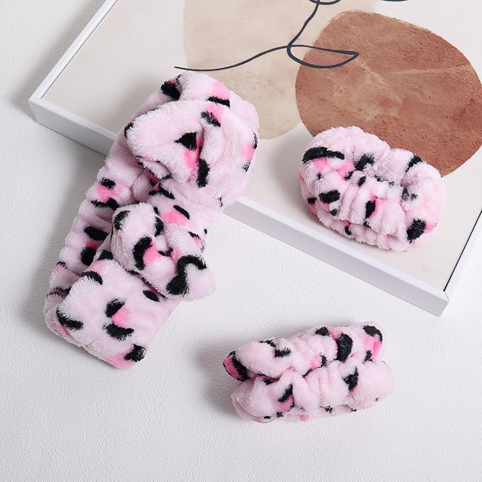 Pink Leopard Print Plush Wash Face Headband Bowknot Cheetah Spa Hair Band Wrist - Image 6