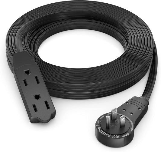 Maximm Cable 15 Ft 360° Rotating Flat Plug Extension Cord/Wire, 16 AWG Multi 3 Outlet Extension Wire, 3 Prong Grounded Wire - Black - UL Certified