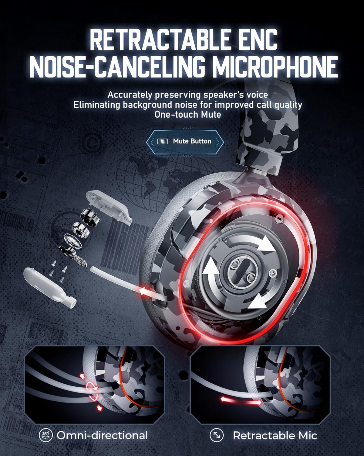 Wireless Gaming Headset, 7.1 Surround Sound, 2.4GHz USB Gaming Headphones with Bluetooth 5.4, 100H Battery, ENC Noise Canceling Mic, RGB Light, Wireless Headset for PC PS5 PS4 Mac Switch (Camo)