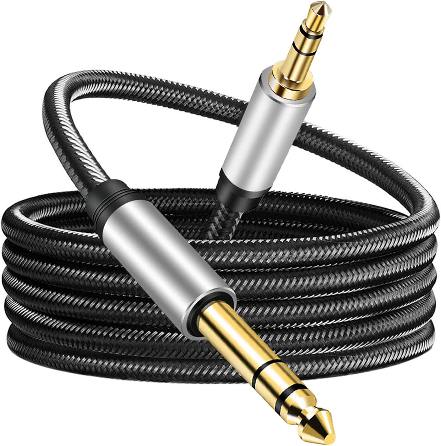 3.5 mm to 6.35 mm Audio Cable 10Ft, Gold-Plated Terminal Silver Color Zinc Alloy Housing 3.5mm 1/8" Male TRS to 6.35mm 1/4" Male TRS Nylon Braided Stereo Audio Cable for CellPhone, Amplifiers(10Ft/3M)
