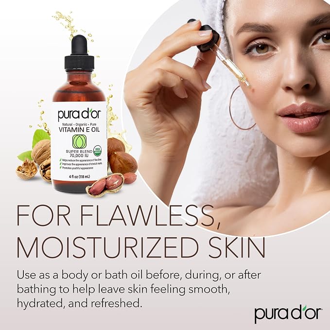 PURA D'OR 4 Oz Organic Vitamin E Oil 70, 000 IU, USDA Certified Face, Hair & - Image 5