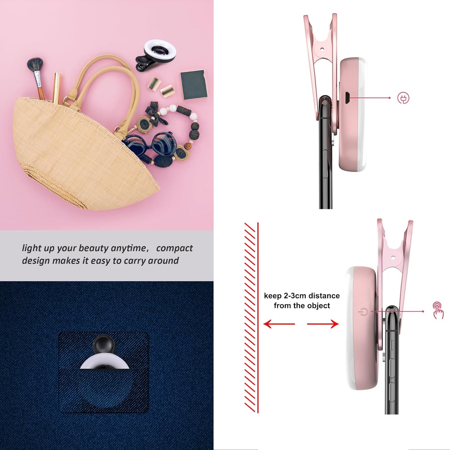 Macro Lens for iPhone and Android with Mini Clip Ring Light, Portable Rechargeable Dimming, for Smart Phone Photography, Camera Video Recording, VLOG