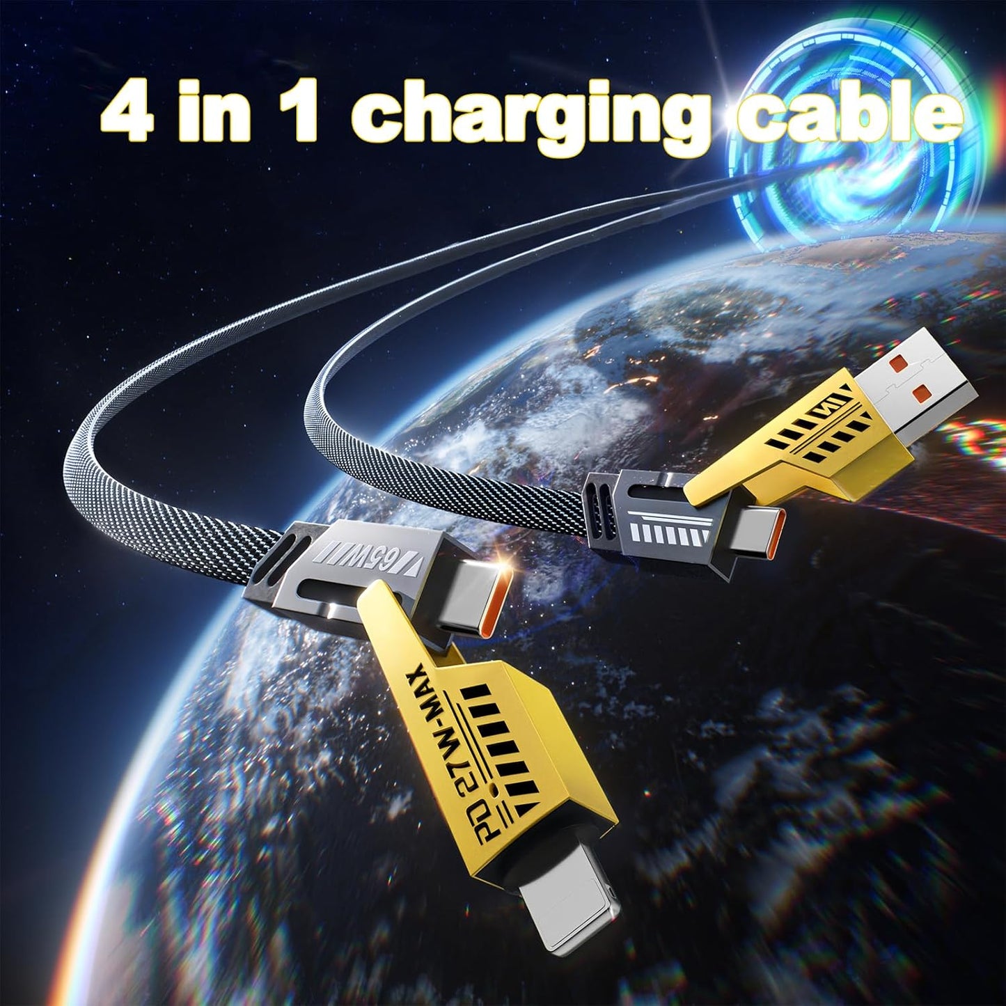 2Pack 4 in 1 Fast Charging Cable, Transferring Data, 6.65 Ft, Braided Cable 65W, USB C USB A and IP, Multiple Charging Cable for Phone/Pad/More