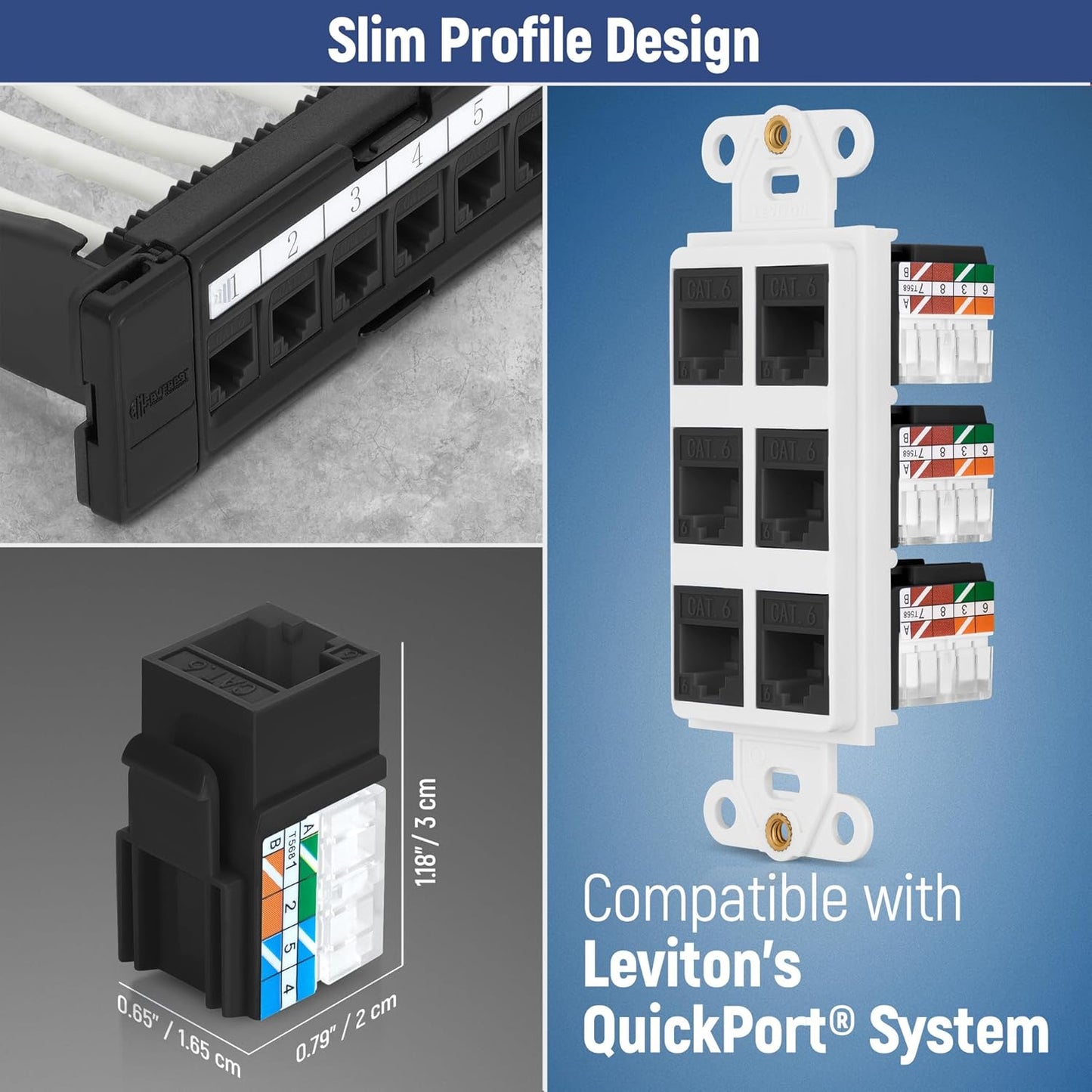 Everest 90° Angled RJ45 Cat6 Keystone Jacks 50-Pack in Black - Slim Profile Female RJ45 Connectors - Cat 6 Keystone Jack - Compatible with 90° Angled Speed Termination Tool - easyJACK (B094WB91H3)