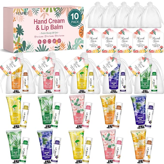 VESPRO 10 Pack Bulk Hand Cream and Lip Balm Sets, Mothers Day Gifts by VESPRO