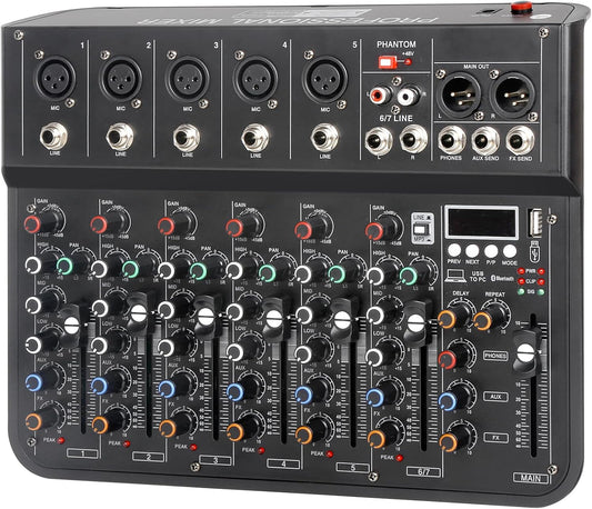 7 Channel mixer, DJ Mixer Board with Bluetooth and Usb, Audio Sound Card with Interface Recording and 48V Phantom Power, Sounds Mixer Board with FX Reverb Delay Effect for Streaming