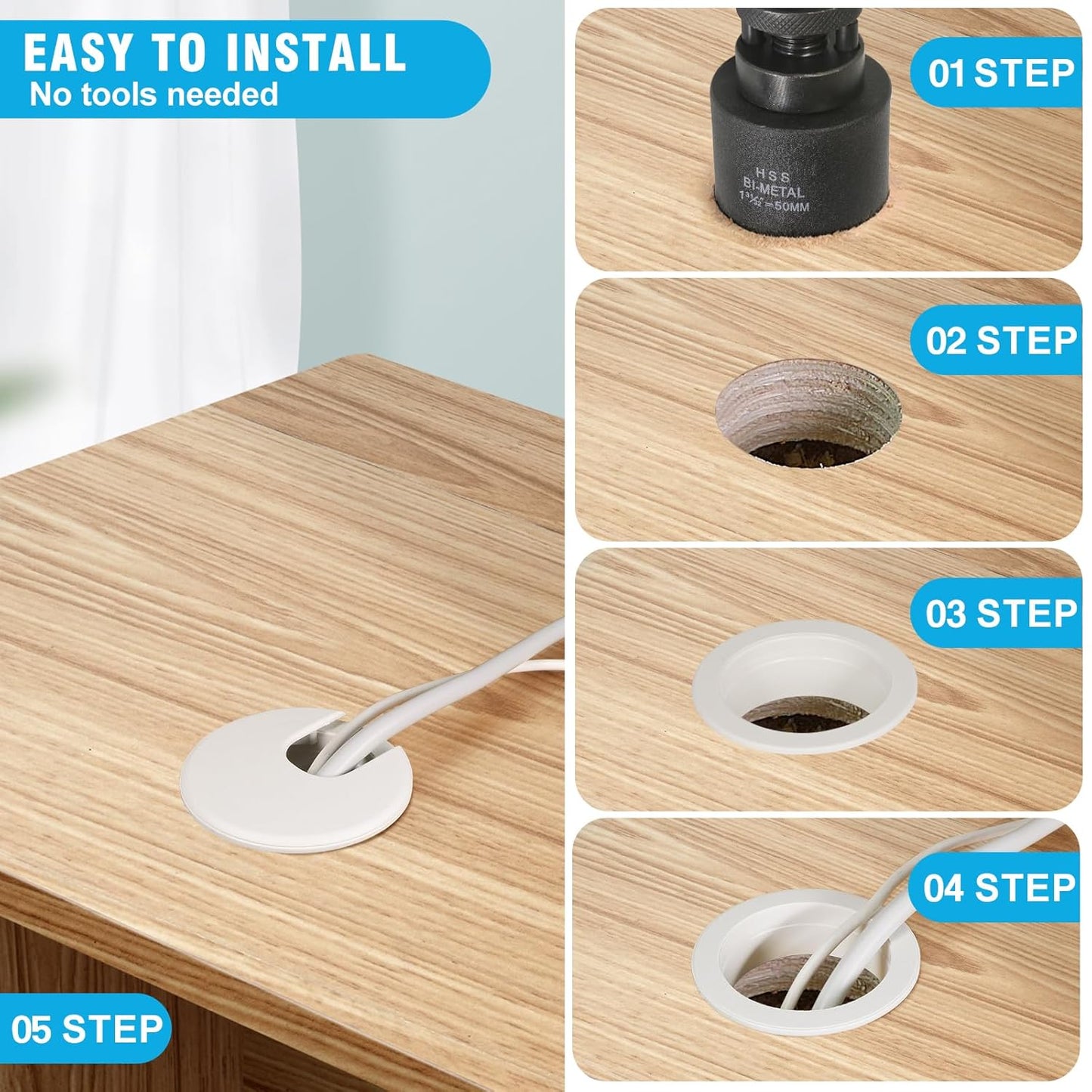 1-3/8" White Desk Grommet with Bi-Metal Hole Saw, JTemgle Plastic Cable Hole Cover Computer Table Cord Wire Organizer Caps, Desktop Cord Management for Home Office TV Stands Tabletops, 7 Pieces