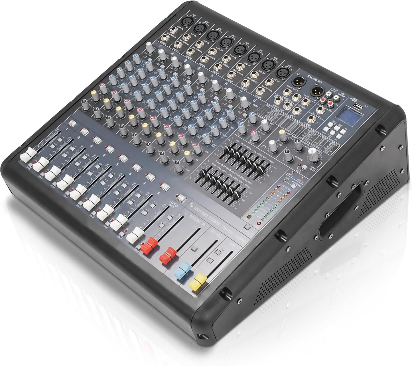 Sound Town 10-Channel 2x800W Powered Mixer w/ 2 Bus, DSP effects, USB, MP3, Dual 7-band EQ, Phantom Power (TRITON-102PW)