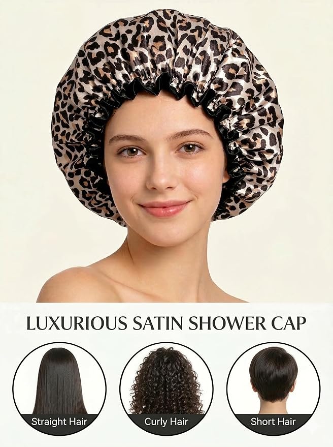 Aquior Shower Cap, Reusable Waterproof Leopard Print Hair Cap, Dual Layer Large - Image 6