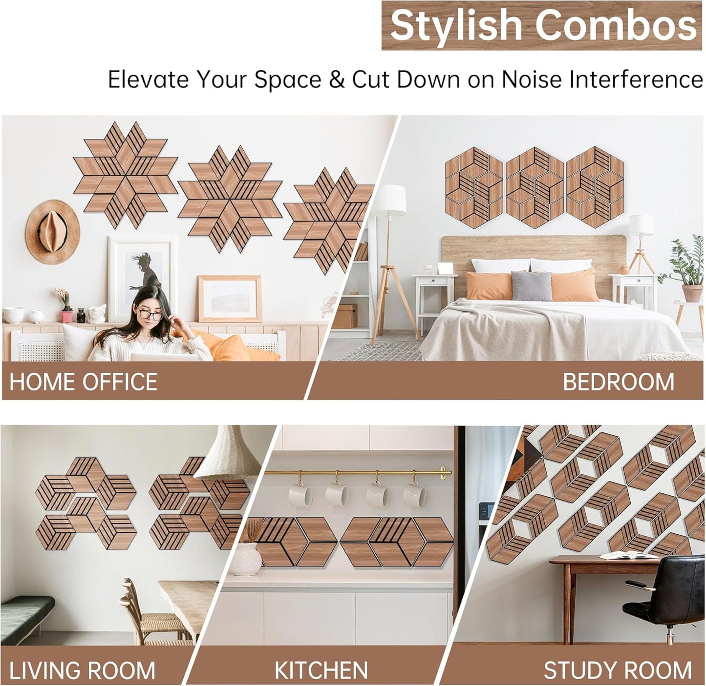 Mollywell Hexagon Acoustic Panels, Walnut TW4, 14x12x0.4 Inch, 12 Pack |Wood Veneer|High Density Sound Proofing Wall Panels|Self Adhesive Sound Dampening Felt Wall Tiles|Home Theater|Gaming Room|