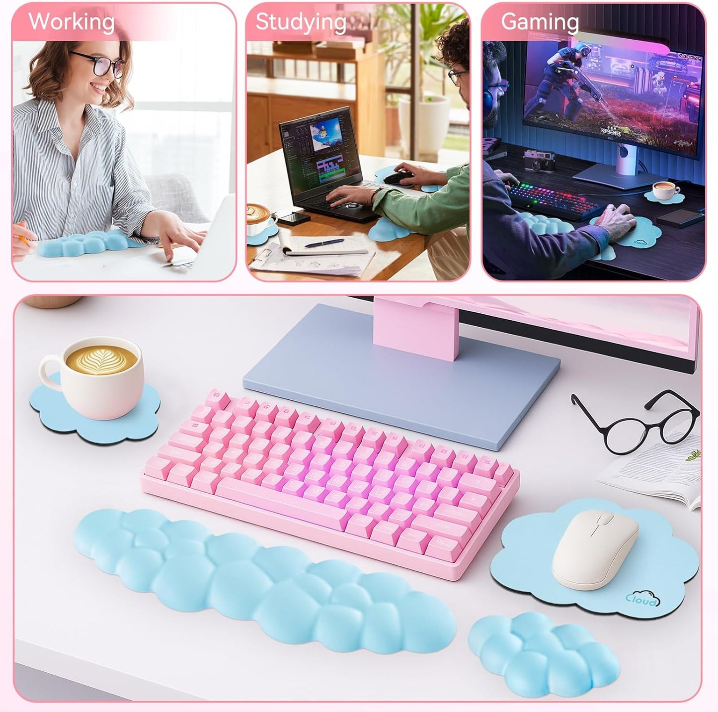 Cloud Wrist Rest for Computer Keyboard, 4-in-1 Memory Foam Leather Cloud Keyboard Wrist Rest and Mouse Pad Set with Ergonomic Support for Arm and Palm Cushion, Gaming/Work Setup, Blue