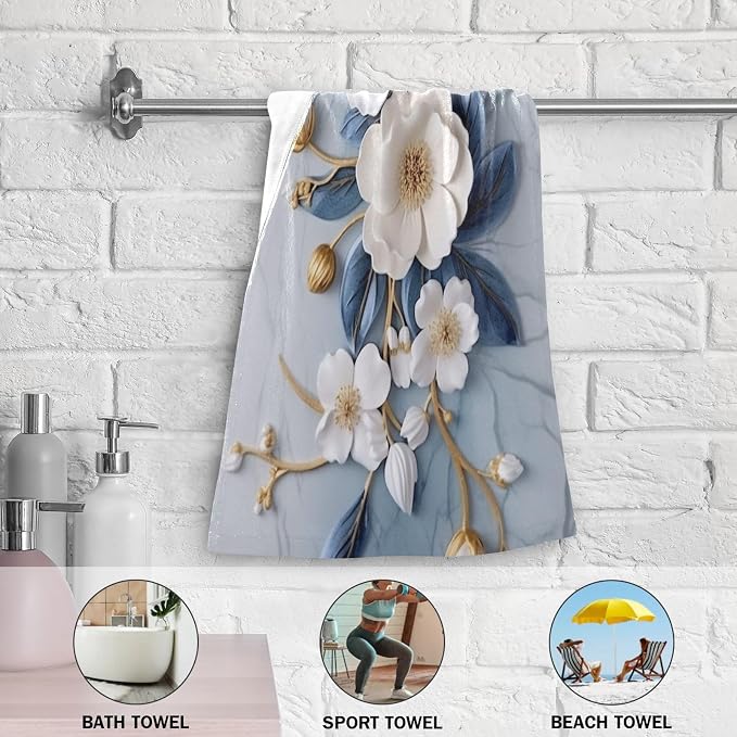 Vintage 3D Floral Hand Towels for Bathroom Set of 2, Decorative White Blue - Image 5