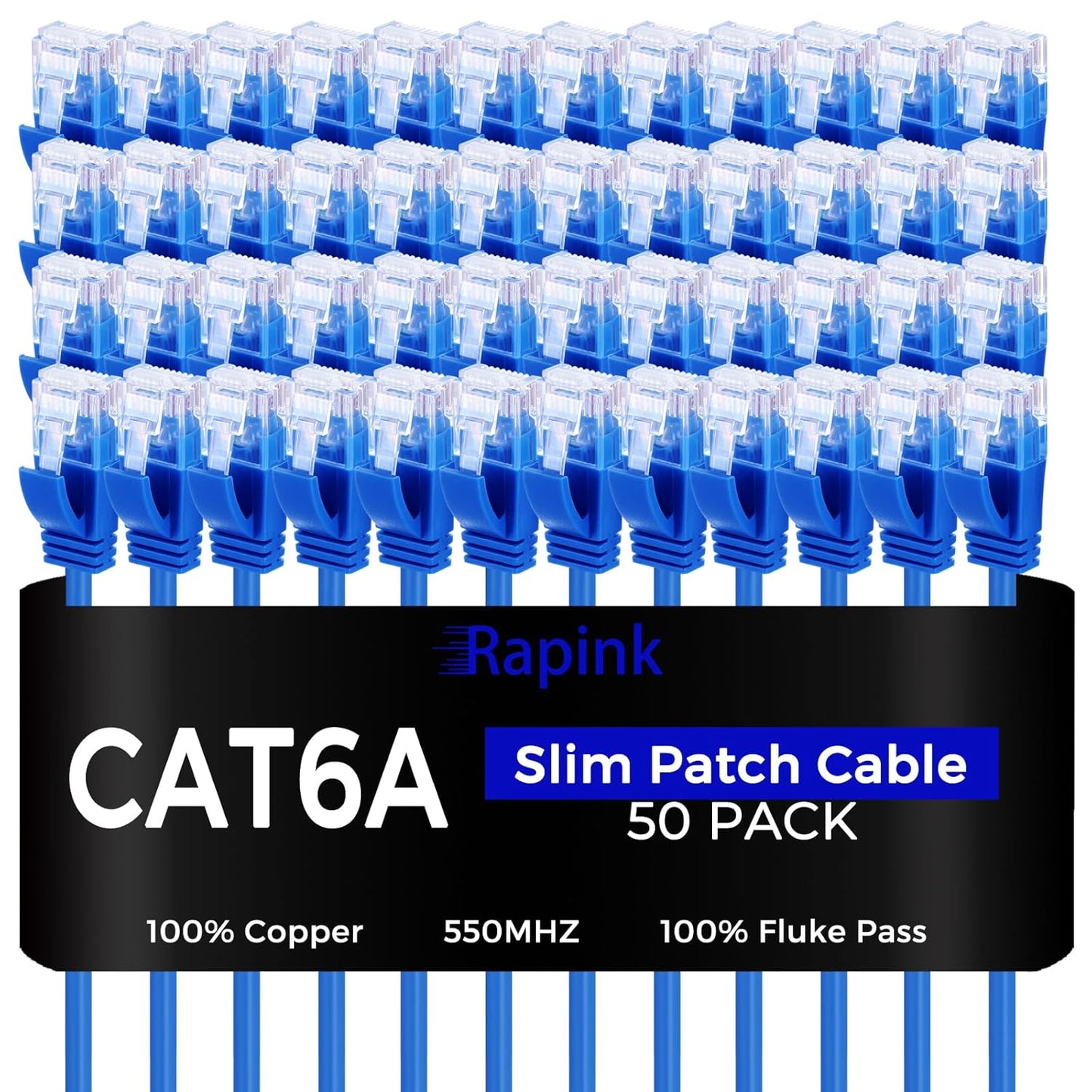 Rapink Patch Cables Cat6a 1ft (50 Pack) Slim, Cat6a Ethernet Patch Cable 10G Support, Snagless Cat 6 Patch Cable for Patch Panel to Switch, Flexiable Cat 6a Ethernet Cable with Gold Plated