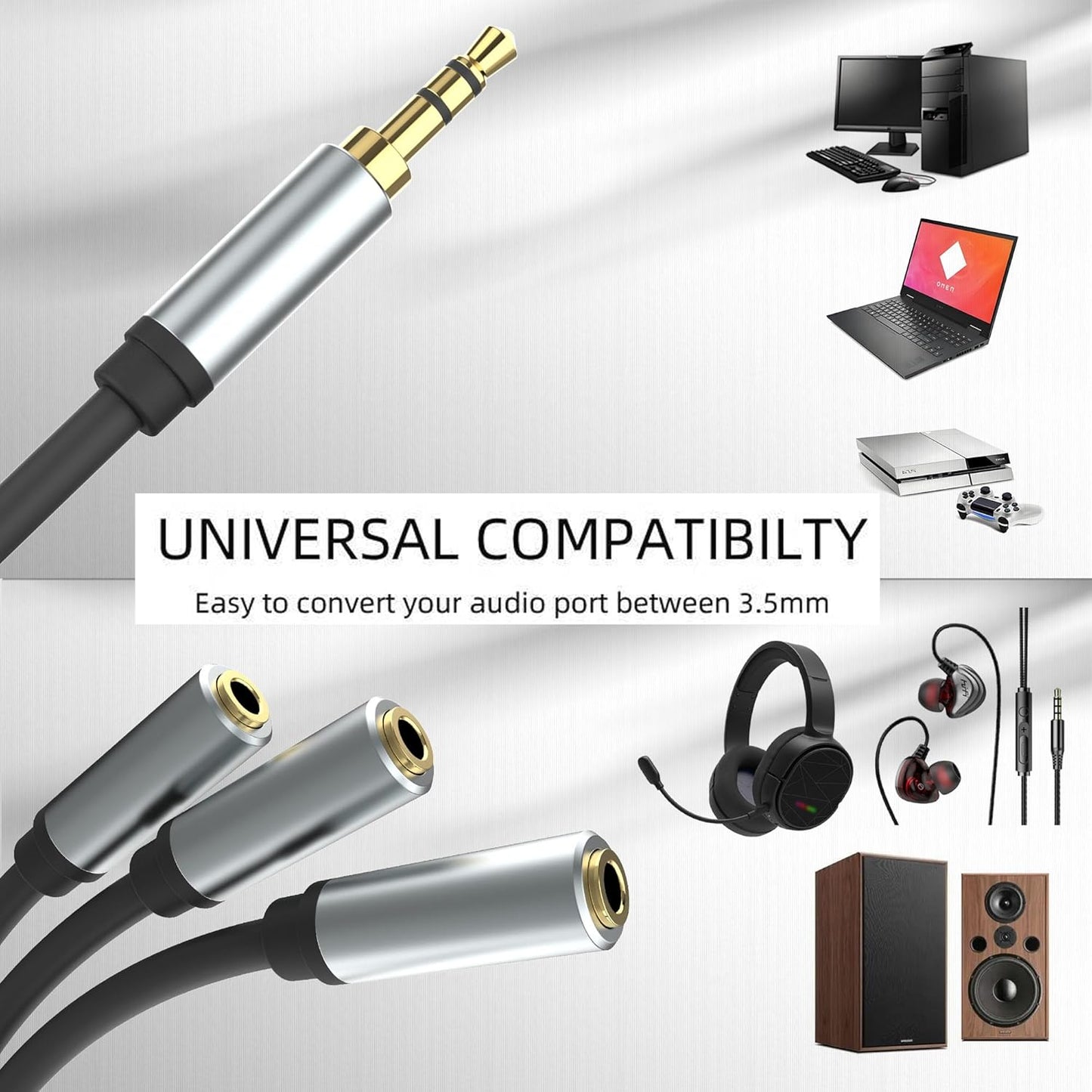 3.5mm Stereo Audio Splitter Cable, Gold Plated 3.5mm (1/8") TRS 1 Male to 3 Female 3-Way Stereo Aux Splitter 1 Input 3 Output Stereo Audio Distributor Cable (3-Pole)